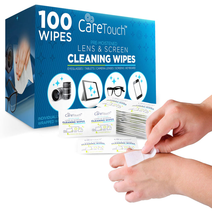 Care Touch Lens Wipes for Eyeglasses - 100 Individually Wrapped Pre-Moistened Glasses Wipes - Cleaner for Glasses, Sunglasses, and Screens - Gentle and Portable for On-the-Go Cleaning - 4x8 Inches