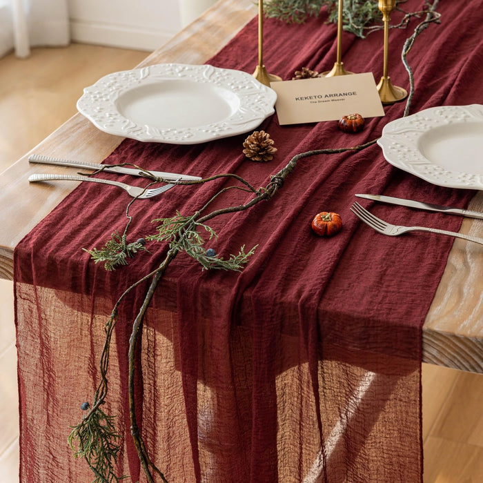 Keketo 6pcs Christmas Burgundy Cheesecloth Table Runner Gauze 120 Inch 10 FT Rustic Boho Cheese Cloth Runner for Wedding Baby Shower Bridal Shower Engagement Birthday Party Long Sheer Home Decorations