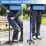 Adjustable Walking Cane for Men & Women with 4-Pronged Base for Extra Stability - Foldable Cane for Seniors with Foam Padded Offset Handle for Soft Grip & a Second Handle for Standing