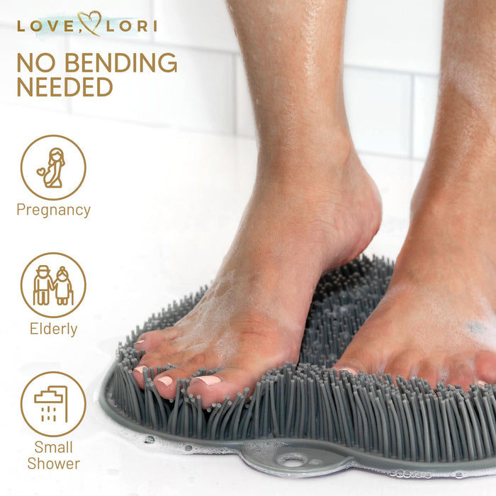 LOVE, LORI Shower Foot Scrubber Mat & Foot Massager with Non-Slip Suction Cups - Cleans, Smooths, Exfoliates & Messages Your Feet Without Bending -Shower Chair Friendly - Grey