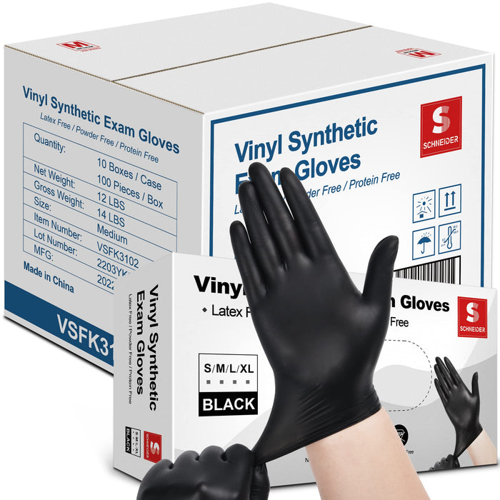 Schneider Black Vinyl Exam Gloves, 4mil, Disposable Gloves Latex-Free, Plastic Gloves for Medical, Cooking, Cleaning, and Food Prep, Surgical Gloves, Powder-Free, Non-Sterile, 1000-ct Case (Small)