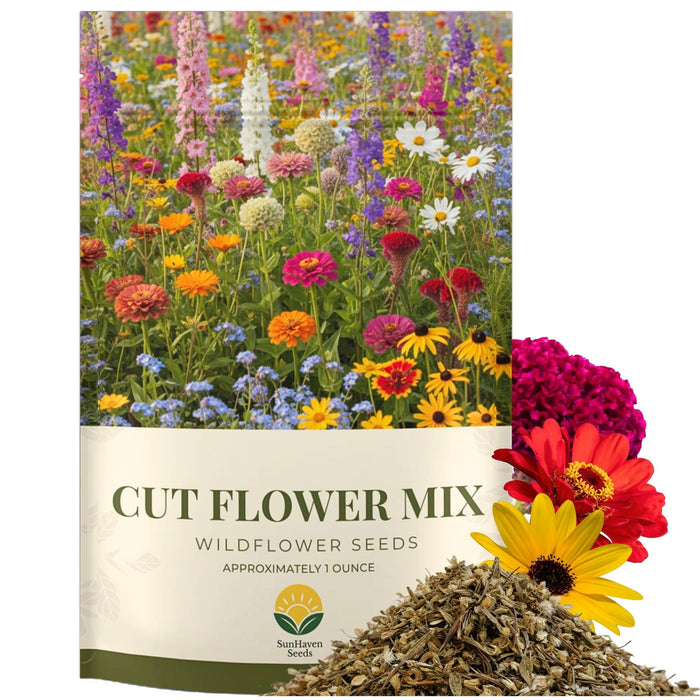 SunHaven Seeds Cut Flower Garden Seed Mix – 15,000+ Seeds – 1 oz Extra Large Packet – Non-GMO Flower Seeds – Zinnia, Cosmos, Larkspur, Calendula, Bishop’s Flower & More for Bouquets & Cutting Gardens