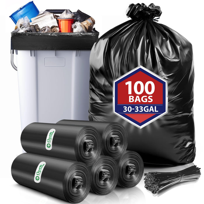 Teivio 30-33 Gallon Black Trash Bags | 100 Bags w/Ties 30,31,32,33Gal | Extra Large Multipurpose | Kitchen Office Garbage Bags | Lawn And Leaf Bags | Outdoor Yard Waste Bag | Workshops Trash Bin Liner