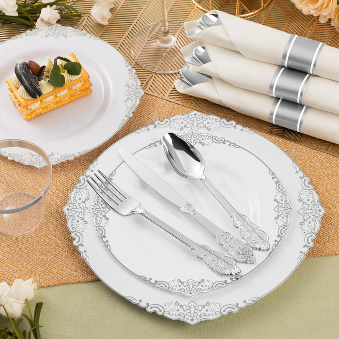 Bestluck 150PCS Silver Plastic Silverware for 50 Guests, Heavy Duty Silver Disposable Utensils Sets, Includes 50 Forks, 50 Spoons, 50 Knives, Elegant Cutlery Perfect for Wedding or Party