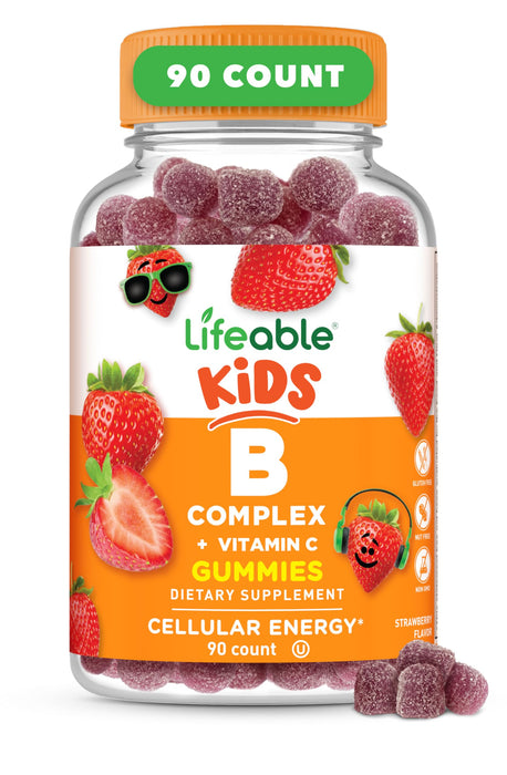 Lifeable Vitamin B Complex with Vitamin C for Kids - Great Tasting Natural Flavor Gummy Supplement - with Niacin, B6, Folic Acid, B12, Biotin & Pantothenic Acid - Energy and Nerve Support, 90 Gummies