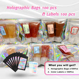 100 Pack Holographic Bag with Front Window Resealable Bags for Small Business Candy Bags Sealable Mylar Bags for Food Storage with 100 Color Labels(Black,5.1 X 8.2 Inch)