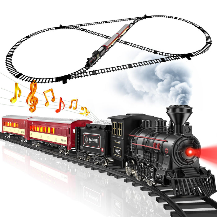 Hot Bee Train Set - Metal Train Toys with Luxury Tracks and Glowing Passenger, Christmas Train Sets for Around The Tree with Smokes, Lights & Sound, Toy Train Set for 3 4 5 6 7+ Years Old Boys Gifts