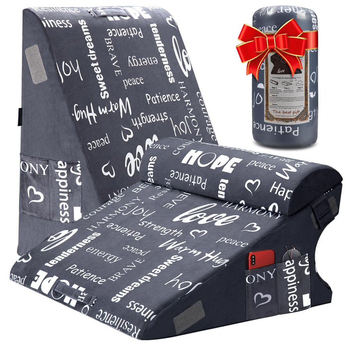 MYLIFESION Wedge Pillow Headboard for Sleeping, 12" Bed Wedge Pillow Set for Acid Reflux, GERD, Back Pain Relief, Soft Memory Foam Top for After Surgery, Removable Cover with Positive Energy Words