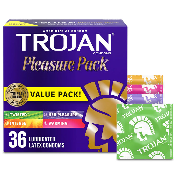 TROJAN Pleasure Pack Assorted Condoms, Lubricated Condoms Value Pack, 36 Count