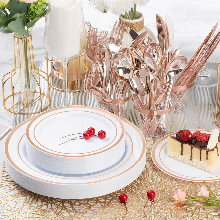 BESTVIP 150PCS Rose Gold Plastic Plate Set (25 Guests), Plastic Plates for Party Wedding Birthday, Disposable Dinnerware Set of 50 Plastic Plates, 50 Forks, 25 Spoons, 25 Knives