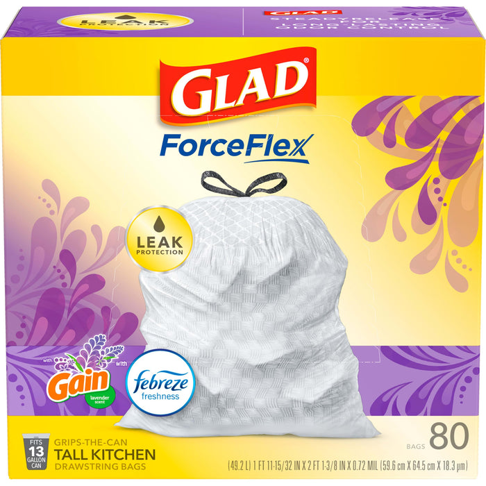 Glad Trash Bags, ForceFlex Tall Kitchen Drawstring Garbage Bags 13 Gallon White Trash Bag, Mediterranean Lavender scent with Febreze Freshness 80 Count (Package May Vary)