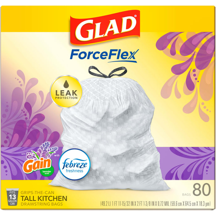 Glad Trash Bags, ForceFlex Tall Kitchen Drawstring Garbage Bags 13 Gallon White Trash Bag, Mediterranean Lavender scent with Febreze Freshness 80 Count (Package May Vary)