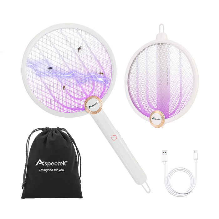 ASPECTEK Upgraded 3000V Electric Fly Swatter for Indoor and Outdoor, Portable, Foldable, Rechargeable with Improved Battery Life, USB Charging Cable, Include a Storage Bag