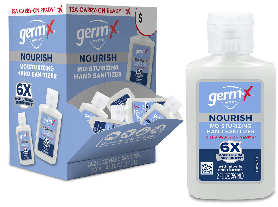 Germ-X Nourish Hand Sanitizer, 2-in-1 Moisturizing and Sanitizing Formula with Shea Butter, Vitamin E & Aloe, Non-Greasy, Mini Travel Size for On-The-Go, Back to School Supplies, 2 Fl Oz (Pack of 24)