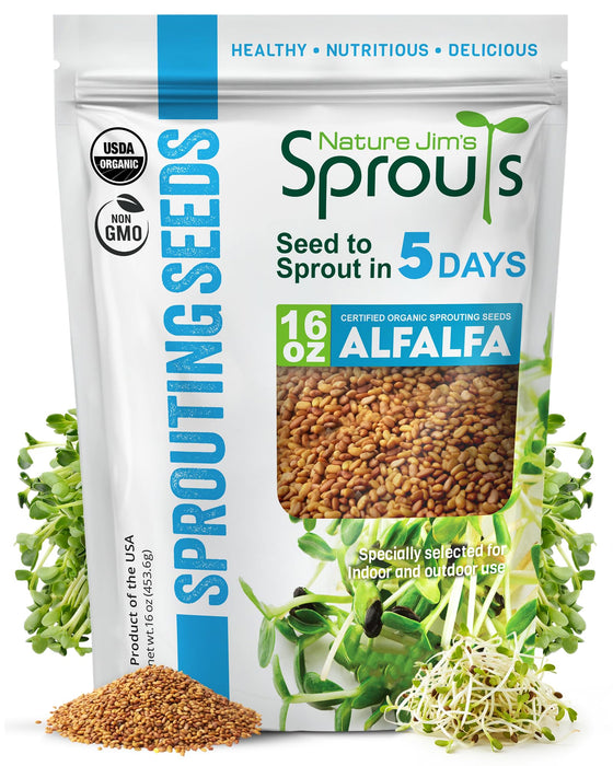 Nature Jims Sprouts Alfalfa Seeds – Non-GMO Organic Sprout for Growing & Planting – Premium Resealable Bag for Fresh Homegrown Sprouting Seeds – Rich in Nutrients, Vitamins, Fiber & Minerals – 16oz