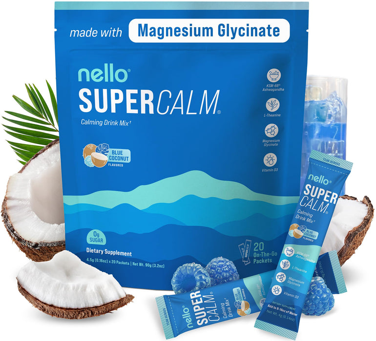 Nello Supercalm Powdered Drink Mix, Blue Coconut, L Theanine, Ksm-66 Ashwagandha, Magnesium Glycinate, Vitamin D 3, Supplements for Relaxation & Focus, No Sugar, Non GMO, Vegan, On The Go, 20 Srvgs