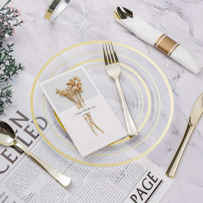 BESTVIP 350PCS Clear Gold Plastic Dinnerware Set, Disposable Party Plates for 50 Guests, Include: 100 Plastic Plates, 50 Pre Rolled Napkins with Silverware, 50 Cups