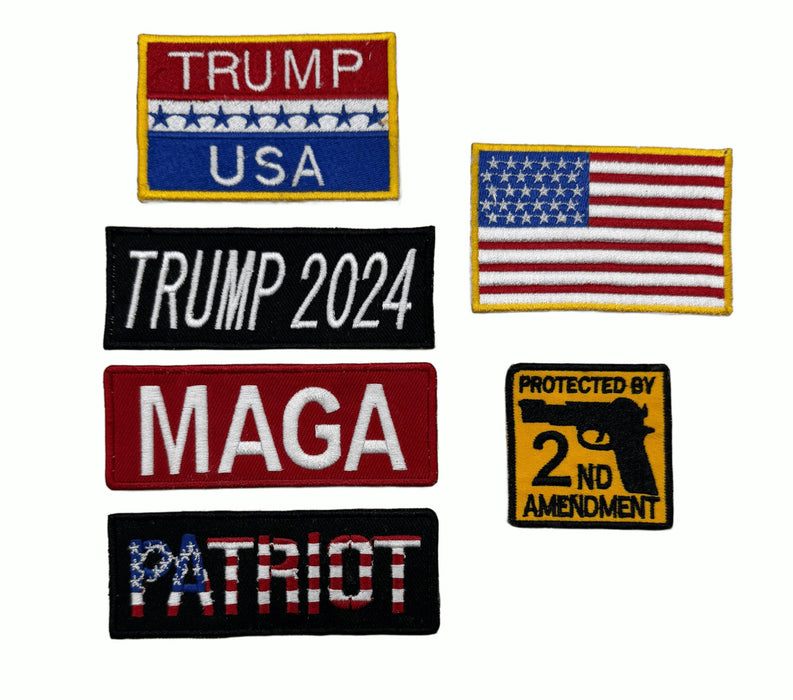 2024 Trump Patriotic Iron Sew On Patch Set Tactical Biker Leather Jacket Vest Patches, 6 Pieces with American Flag, Military, 2nd Amendment - Make America Great Again - MAGA Inspired Gear for Patriots