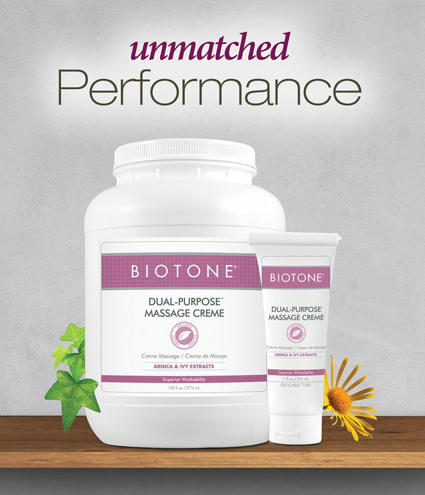 BIOTONE Dual-Purpose Massage Crème with Arnica and Ivy Extracts, Pure Ingredients, Effortless Glide, Luxurious Feel, More Workability, Less Reapplications (5G)