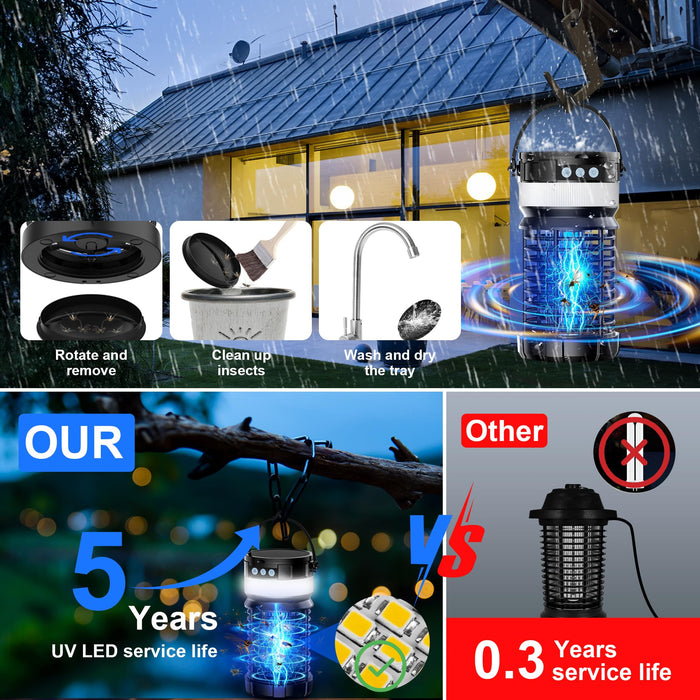 Solar Bug Zapper for Outdoor Indoor, USB-C Rechargeable Mosquito Killer,4800V High Powered Gnat Fly Traps with Reading Lamp,IP66 Waterproof Mosquito Zapper,No Need to Replace The Bulb (black-4400V)