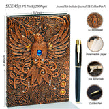 Vintage 3D Phoenix Embossed Leather Writing Journal with Golden Pen Set,A5,200Pages,Antique Handmade Daily Notepad Sketchbook,Travel Diary&Notebook to Write in,for Women Men (Red Bronze)