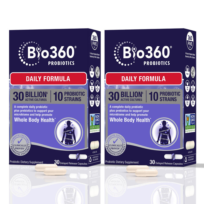 Bio360 Adult Daily Probiotic Supplement for Women & Men, 30 Billion CFU, 10 Strains, Organic Prebiotic Fibers, Digestive & Immune Health, Occasional Constipation, Diarrhea & Bloating, 30CT (2 Pack)