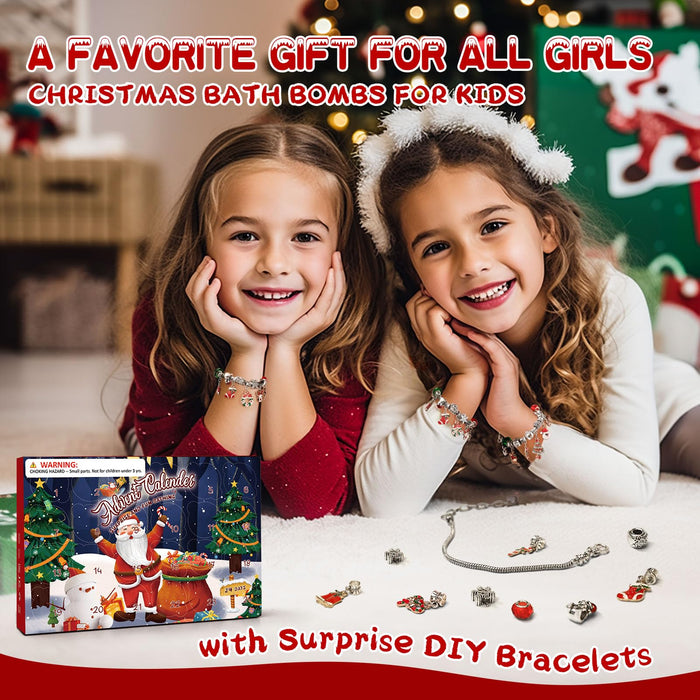 Advent Calendar 2024 Girls, Bath Bombs for Kids with Surprise Inside DIY Bracelets Making Kit, 24 Days Christmas Advent Calendar Gifts for Kids Girls