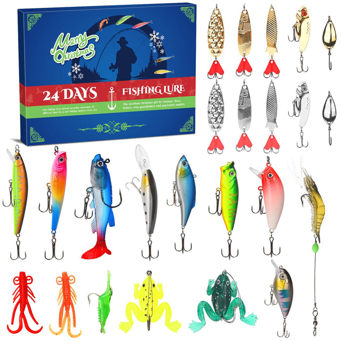 Fishing Advent Calendar 2024，24 Days Christmas Countdown Fish Tackle Set, Advent Calendar 2024 Fishing,Fishing Lure Advent Calendar 2024 For Adult Men Teen Boys