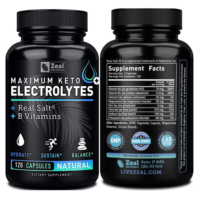 Keto Electrolyte Supplement (120 Capsules) Maximum Keto Electrolytes Supplements Pills w Real Salt®, B Vitamins, Magnesium and Potassium Supplement - Salt Pills & Electrolyte Tablets