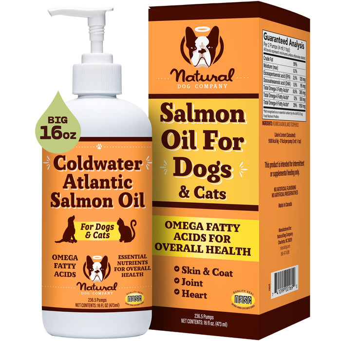 Natural Dog Company Coldwater Atlantic Salmon Oil for Dogs (16oz) - Dog Fish Oil Supplement with Omega 3 - Easy Pump Bottle - Skin & Coat, Immune Health, Liquid Fish Oil Joint Support Supplement