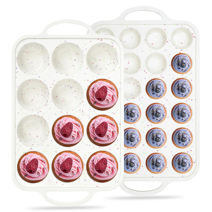 AOTASO Regular 12 Cup and Mini 24 Cup Nonstick Cupcake Pan Set Silicone Muffin Pan for Baking Silicone Cupcake Mold with Metal Reinforced Frame BPA Free (2 Pcs, Cream)
