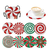 8 Pieces Christmas Candy Diamond Coasters with Holder 5D DIY Christmas Candy Diamond Art Coasters Round Cup Coaster for Drinks Diamond Arts Kits for Christmas Holiday Gift