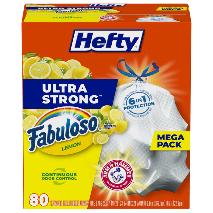 Hefty Ultra Strong 13 Gallon Trash Bags, Tall Kitchen Trash Bags 13 Gallon Size, Resist Leaks, Punctures, and Rips, Continuous Odor Control, White, Fabuloso Lemon Scent, 80 Bags