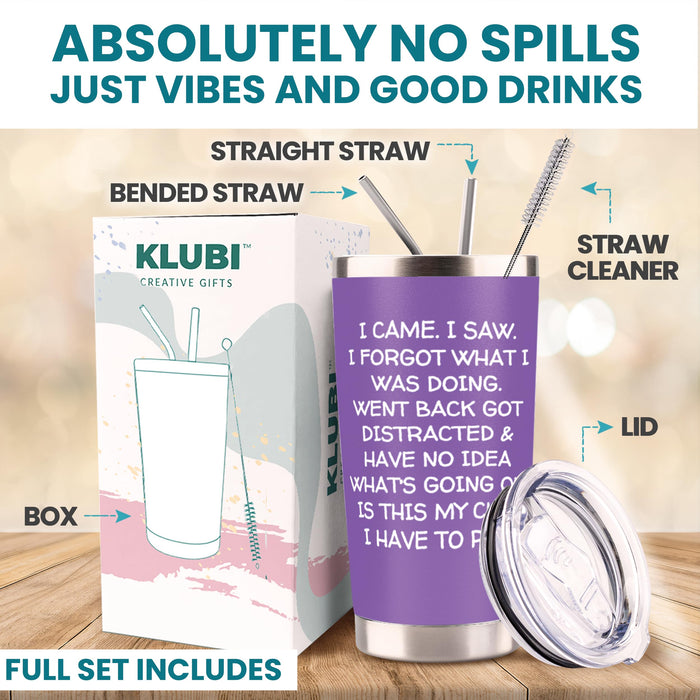 KLUBI Fun Birthday Gifts for Women - I Came I Saw I Forgot Tumbler 20oz Purple Drinking Cups for Elderly Senior Citizen Tumbler I Came I Saw I Forgot Coffee Mug 40 Year Old Gag Gift for Female Her