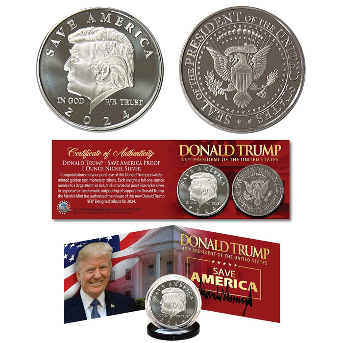 Donald Trump Save America 2024 Nickel-Silver 1 OZ 39mm Tribute Coin with Panoramic Certificate of Authenticity Display