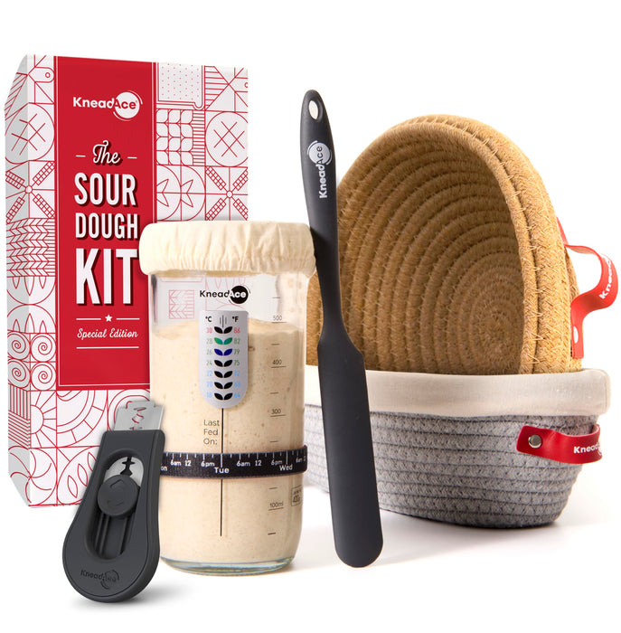 KneadAce Sourdough Starter Kit – 24oz Starter Jar, 2 Cotton Rope Banneton Proofing Baskets, Magnetic Bread Lame for Scoring – Gift for Bakers & Complete Sourdough Bread Baking Set