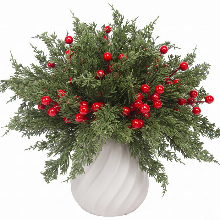 lovemoon 70Pcs Christmas Artificial Pine Stems with Red Berries, Faux Cedar Branches, Fake Christmas Greenery Pine Picks with Berries Stems for DIY Crafts, Garland Wreath & Home Xmas Decor (70)