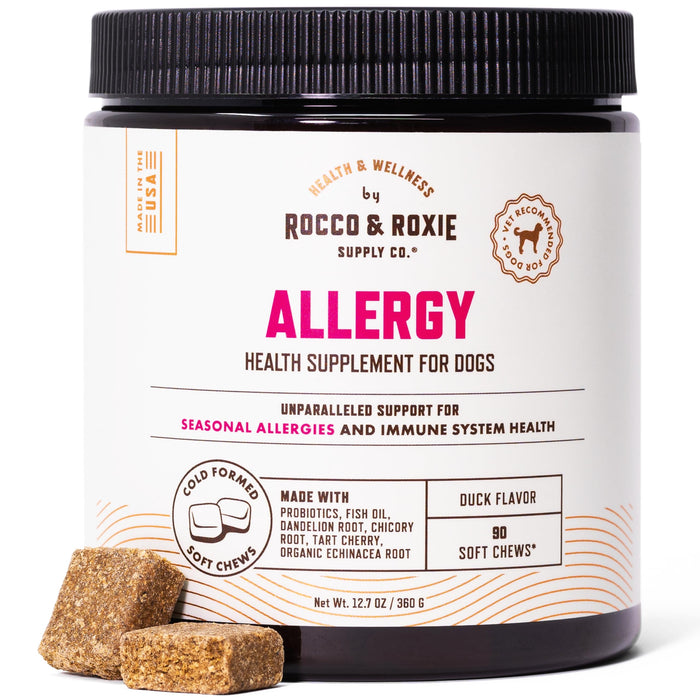 Rocco & Roxie Dog Allergy Relief Chews with Omega 3 for Dogs, Probiotics for Itching Skin, Stop Paw Licking, Fish Oil Skin and Coat Supplement, Anti-Itch, Pet Itchy Allergies and Immune Support, 90ct