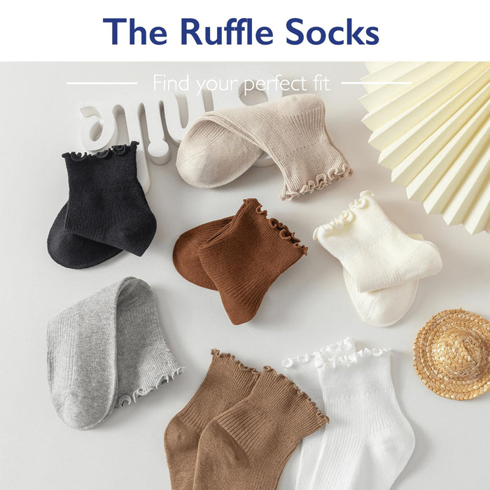 Hstyle Ruffle Socks Women, Ruffle Turn-Cuff Casual Cute Girl Ruffle Socks Breathable Cool Ruffle Ankle Socks 6 Pairs of White