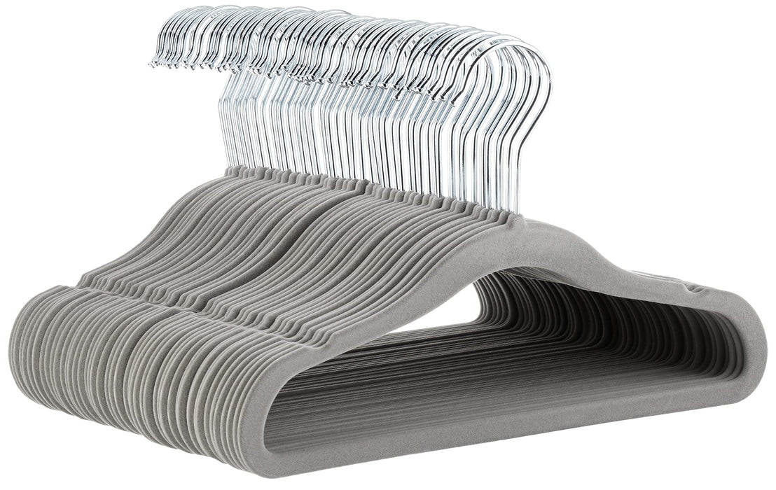 Amazon Basics Kids Space Saving Velvet Non-Slip Clothes Hangers with Shoulder Notches for Infant and Toddler, Sturdy, 11.6", Gray, 50-Pack