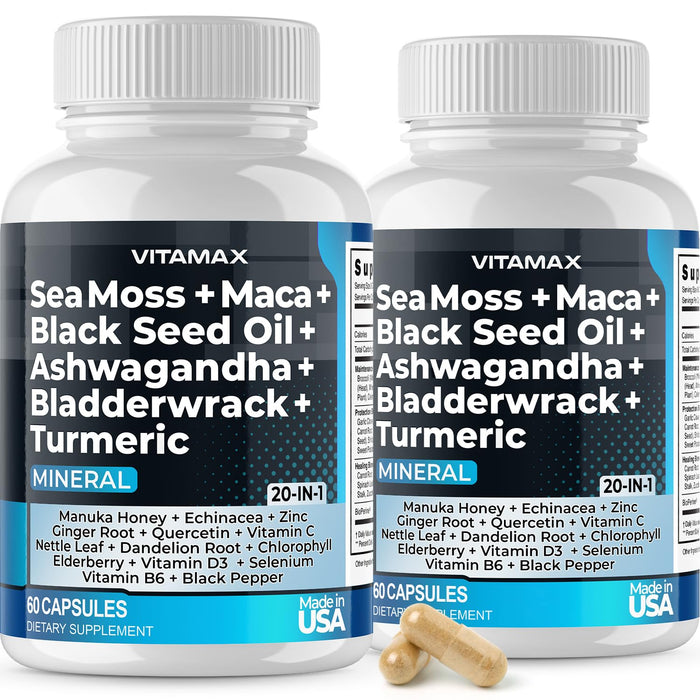 Sea Moss 3000mg Maca 1000mg Black Seed Oil 2000mg Ashwagandha 1000mg Bladderwrack, Turmeric - Manuka, Elderberry, Vitamins C & D3, Chlorophyll, Zinc, Black Pepper - Made in USA (60 Count (Pack of 2))