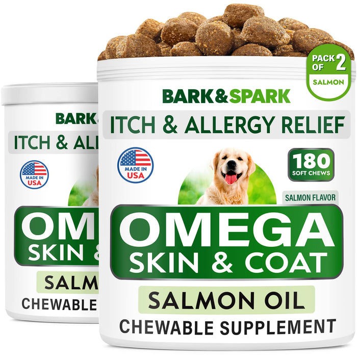 BARK&SPARK Omega 3 for Dogs - 360 Fish Oil Treats for Dog Shedding, Skin Allergy, Itch Relief, Hot Spots Treatment - Joint Health - Skin and Coat Supplement - EPA & DHA Fatty Acids - Salmon Oil