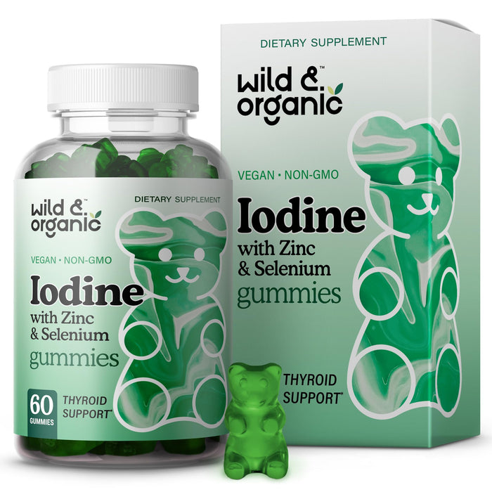 Wild & Organic Iodine Gummies - Iodine Supplements for Thyroid with Zinc & Selenium - Thyroid Gummies for Brain, Energy & Immune System - Iodine and Selenium Supplement - Apple Flavored 60 Gummy