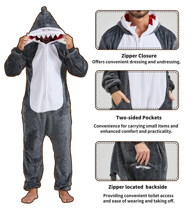 QUCH Adult Onesie Costume-Unisex Animal Onesies for Adults Halloween Costume, Halloween Onesie Adult Onesie Pajamas for Women Shark M