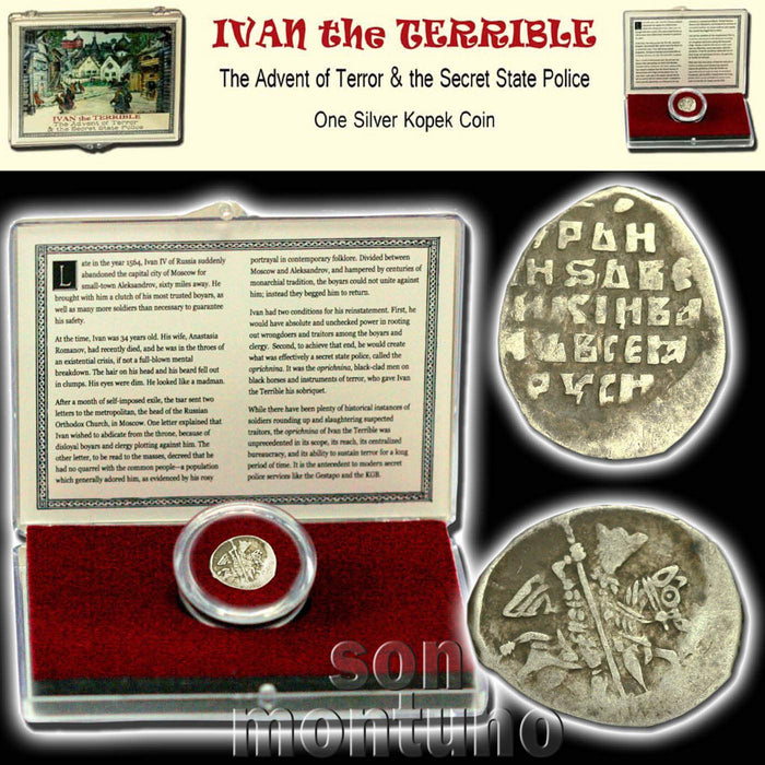 IVAN IV THE TERRIBLE - Medieval Russian Empire "Wire Money" Silver Kopek Coin in Display Box with Certificate of Authenticity - The Advent of Terror & the Secret State Police