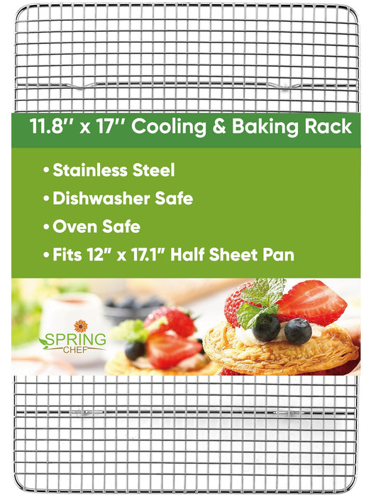 Spring Chef 11.8" x 17" Stainless Steel Cookie Cooling Rack - Oven Safe - Baking Rack for Bacon, BBQ, Jerky, Bread, Pizza, Cake - Fits Half Sheet Roasting Pan - Dishwasher Safe