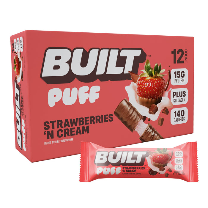 BUILT Protein Bars, Milk Chocolate Strawberry Puff, 12 bars, Protein Snacks, 15g of Protein, Collagen, Chocolate Protein Bar with only 140 calories & 6g sugar, Not Gluten Free, Great Protein Snack