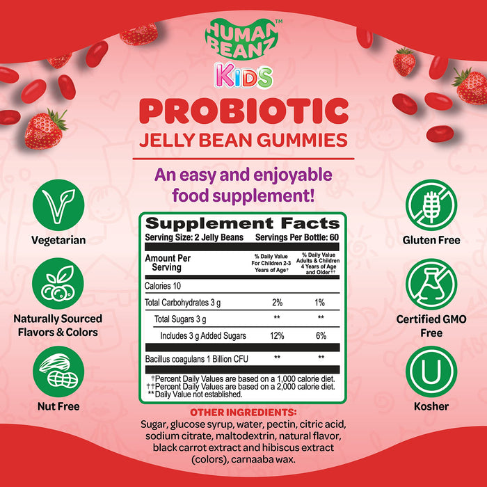 Human Beanz Probiotic Jelly Bean Gummies for Kids, Probiotic Supplements for Digestive Health, Nutritional Vegetarian Supplements, 120 Strawberry Blast Jelly Beans, Kosher