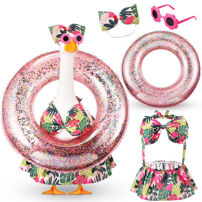 Sunnymove Bikini Porch Goose Outfits with Sunglasses and Swimming Tube for 23" Summer Goose Costume Garden Patio Statue Decor(Flower)