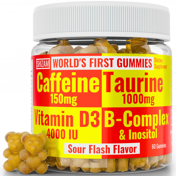 Shizam Taurine 1000mg Caffeine 150mg Energy Gummies w D-3 B-12 B Complex Inositol, Gel Gels Vitamins Vitamin Drinks Capsules Drink Shot Chews Pills Powder Alt, Running Runners Supplement Supplements